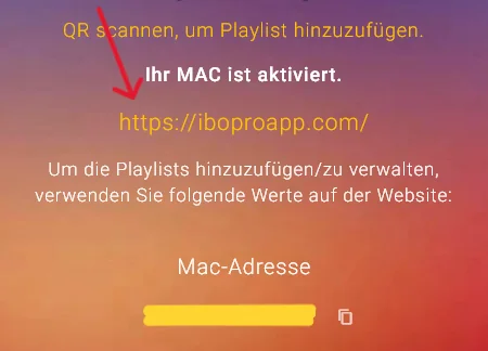 Startbildschirm des IBO Pro Players: oben die Adresse https://iboproapp.com/, darunter die MAC-Adresse